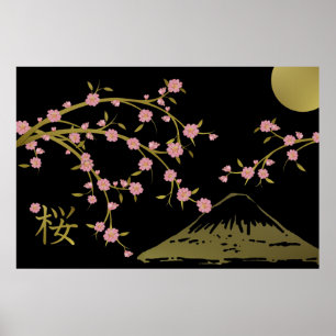 Poster d'écran rose Sakura or noir japonais