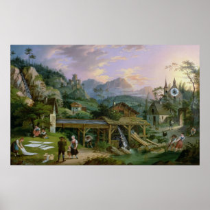 Poster Décrivez l'horloge avec la scène d'un village