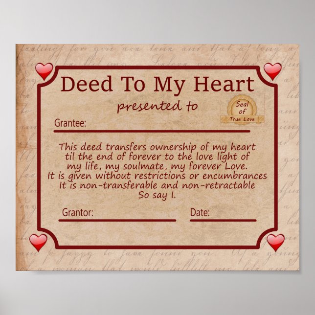 Poster Deed To My Heart - Cadeau romantique pour Valentin (Devant)