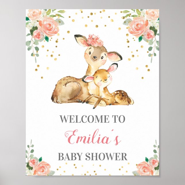 Poster Deer Woodland Baby Girl Douche Sprinkl Bienvenue (Devant)