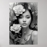 Déesse florale en noir et blanc