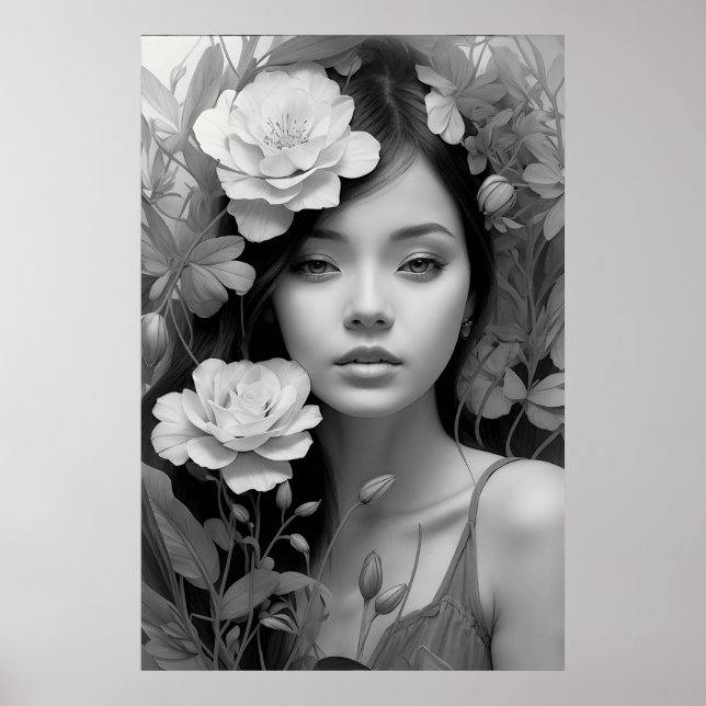 Poster Déesse florale en noir et blanc (Devant)