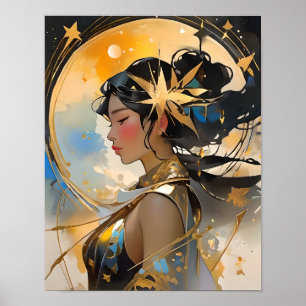 Poster Déesse Lune Belle Femme Art Céleste Étoiles
