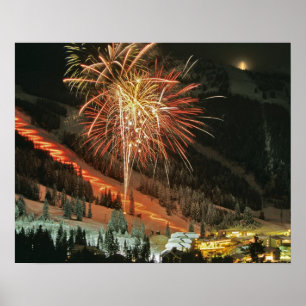 Poster Défilé aux flambeaux et feux d'artifice en hiver
