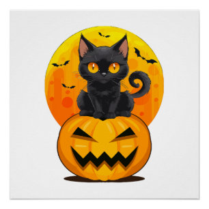 Poster Déguisement Halloween Citrouille Chat Noir
