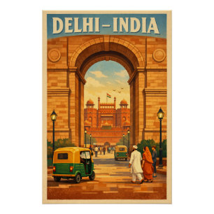 Poster Delhi, Inde, dans un classique voyage rétro