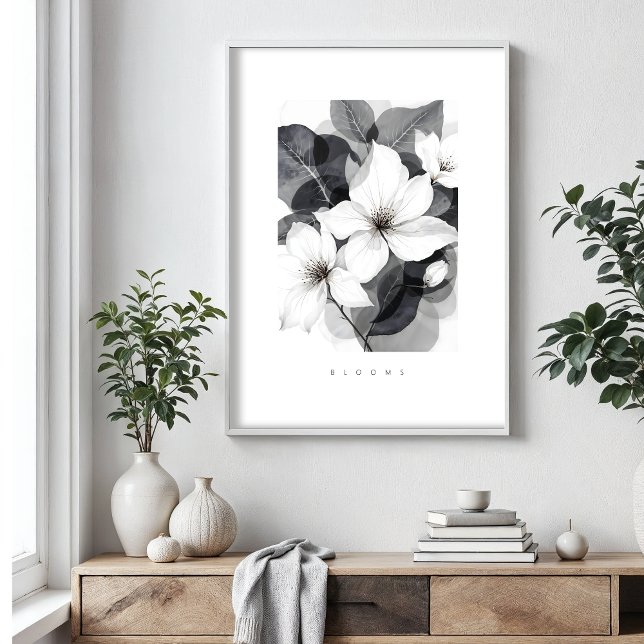 Poster Delicate Black White Overlapping Leaves & Flowers (Delicate Black & White Illustration of Overlapping Leaves and Flowers Posters.)