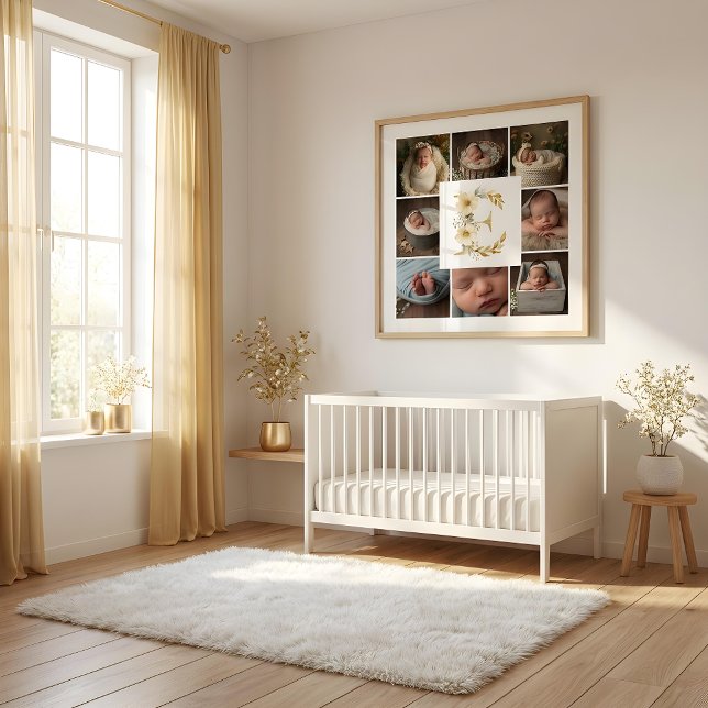 Poster Delicate Floral Initial E 8-Photos Collage Newborn (Delicate Floral Initial E Monogram 8-Photos Collage Newborn Session Poster Design. )