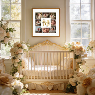 Poster Delicate Floral Initial M 8-Photos Collage Newborn