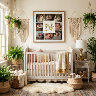 Poster Delicate Floral Initial N 8-Photos Collage Newborn