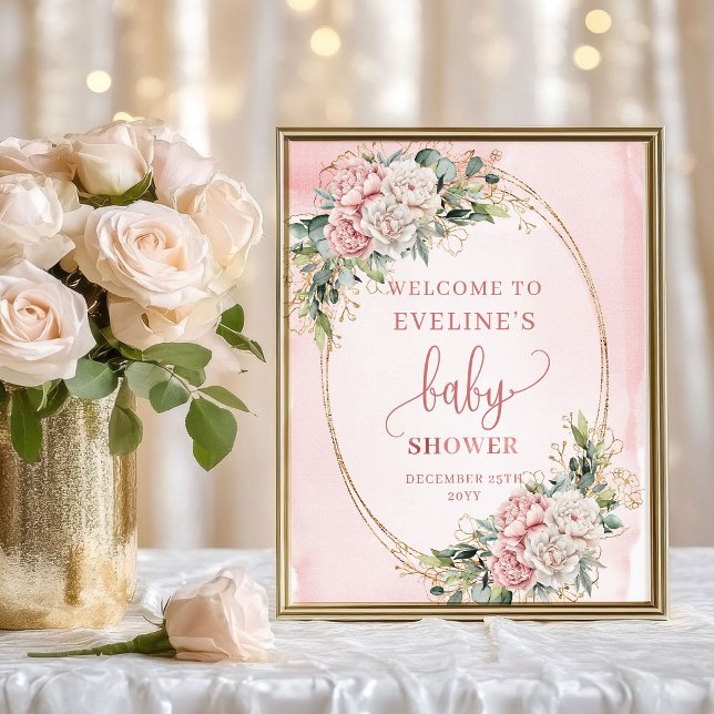 Poster Delicate Welcome Dusty Pink Floral Baby Shower (Delicate Welcome Dusty Pink Floral Baby Shower)