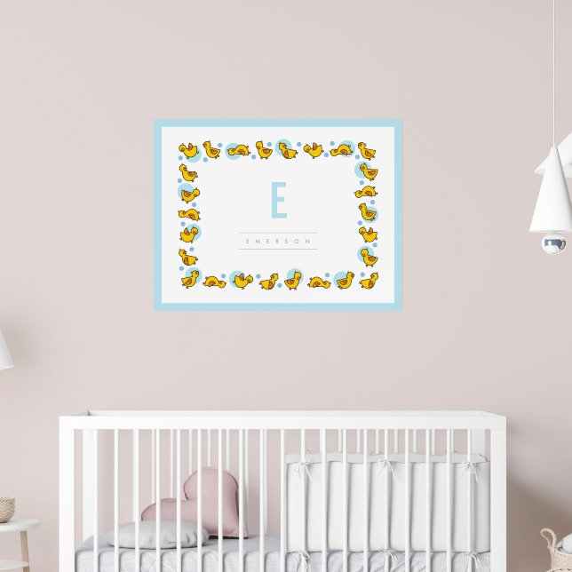 Poster Délicieux Bébés Canards Papier Peint Bleu Monogram (Pépinière 2)