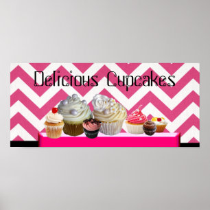 POSTER DÉLICIEUX CUPCAKES DESERT SHOP/ CHEVRON BLANC ROSE