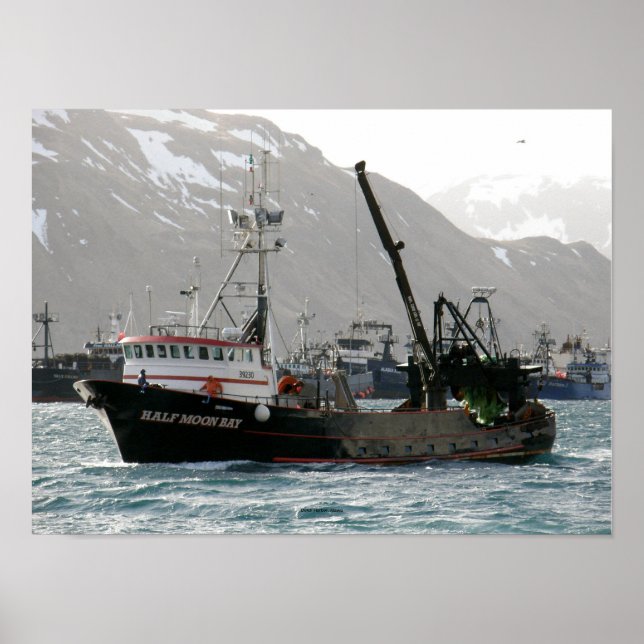 Poster Demi-Moon Bay, chalutier de pêche dans havre néerl (Devant)