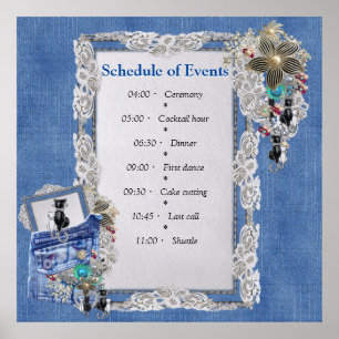 Poster Dénim bleu, dentelle, bijoux costume & chatons