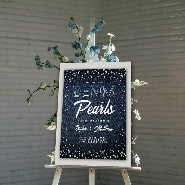 Poster Denim Diamonds Pearls Blue Couple Douche Bienvenue (denim and pearls couples shower welcome poster blue white coed elegant modern classy)