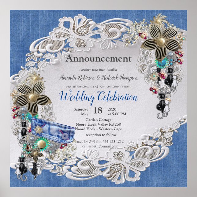 Poster Denim Texté avec dentelle et bijoux costume (Devant)