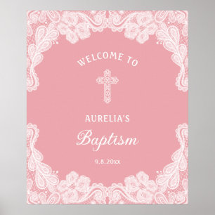 Poster Dentelle blanche sur le Baptême rose Bienvenue