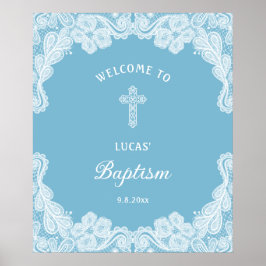 Poster Dentelle blanche sur Pastel Baptême bleu Accueil
