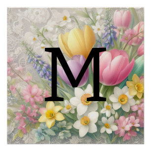 Poster Dentelle de monogramme floral pastel tulipes roses