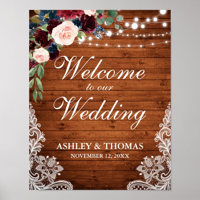 Poster Dentelle en bois rustique mariage Burgundy Bleu Fl (Devant)