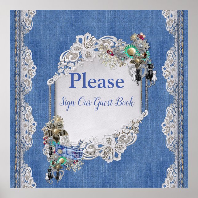 Poster Dentelle texturée Denim et bijoux costume (Devant)