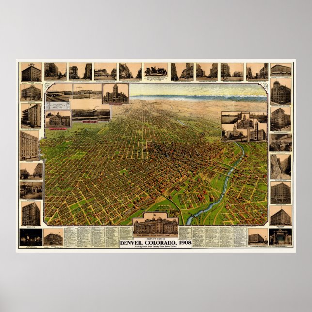 Poster Denver, CO Carte panoramique - 1908 (Devant)