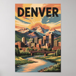Poster Denver Colorado Illustration Sunset Travel Art