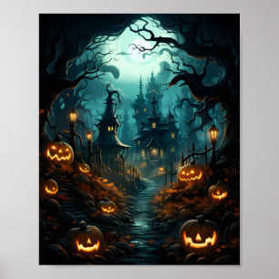 Poster Déplaisant Haloween Citrouilles dans la forêt effr
