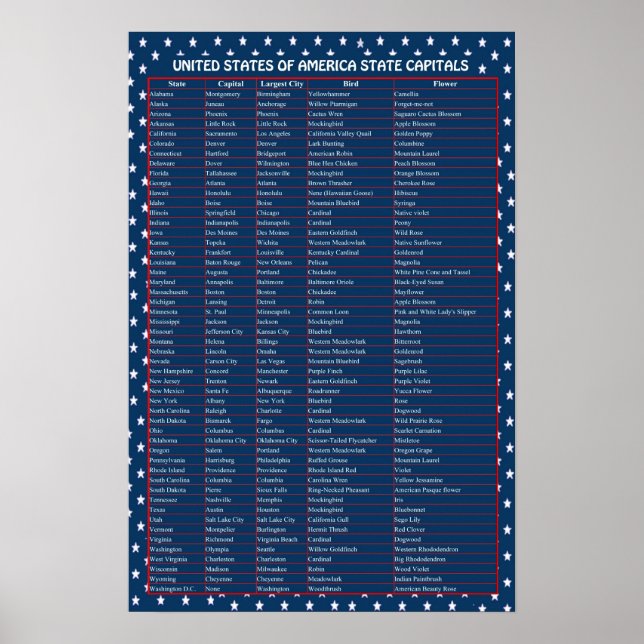 Poster des capitales des États-Unis (Devant)