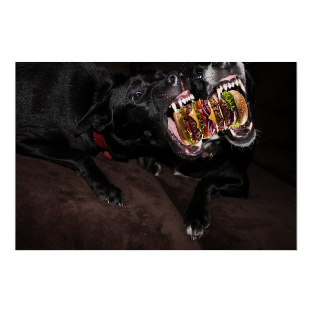 Poster Des chiens attaquant un énorme burger. (Devant)