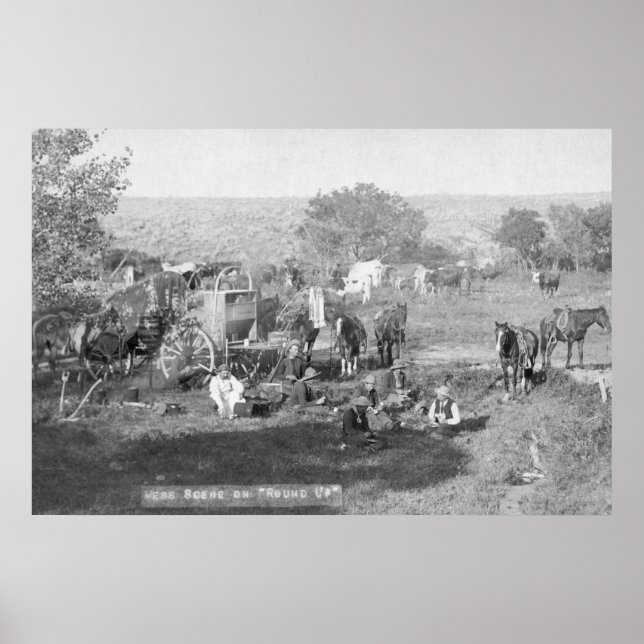 Poster Des cowboys mangent autour d'un camping Photograph (Devant)