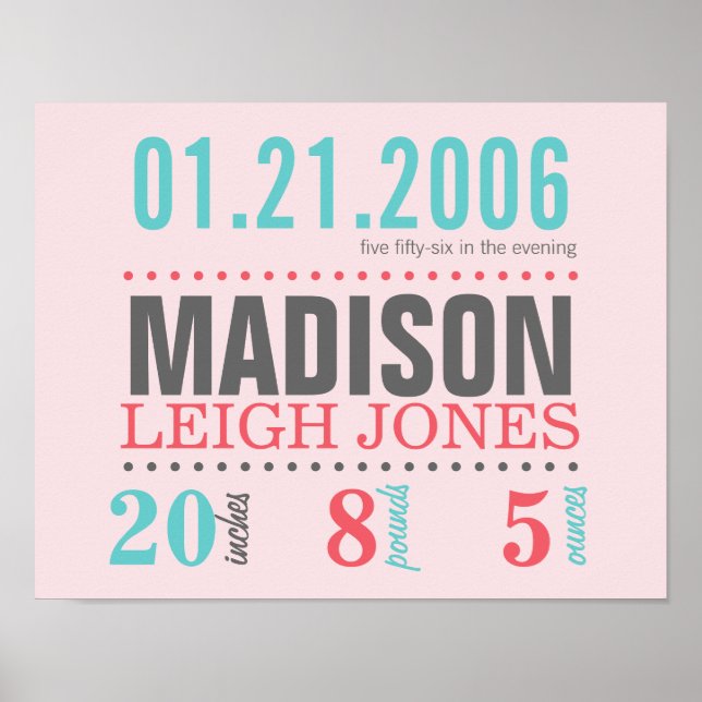 Poster des détails de la date de naissance du bébé (Devant)