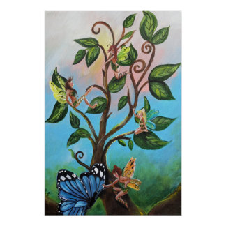 Poster Des fées dans un sommet d'arbre, et des papillons