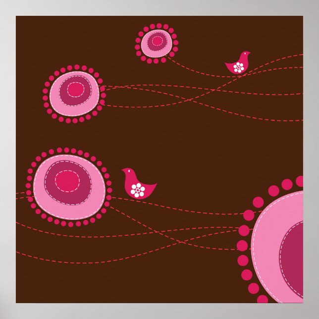 Poster des fleurs rose pointillé et des oiseaux he (Devant)