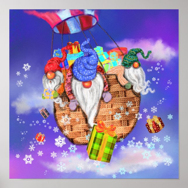 Poster Des Gnomes de Noël volants donnent des cadeaux Pos (Devant)