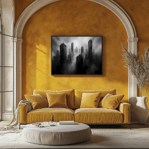 Poster Des gratte-ciels majestueux pris dans un brouillar