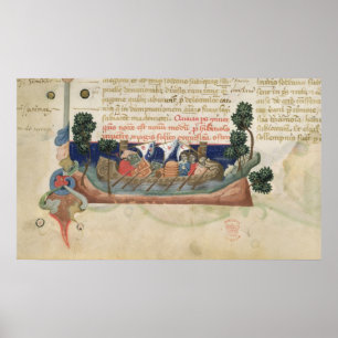 Poster Des hommes en bateau qui prennent des provisions p