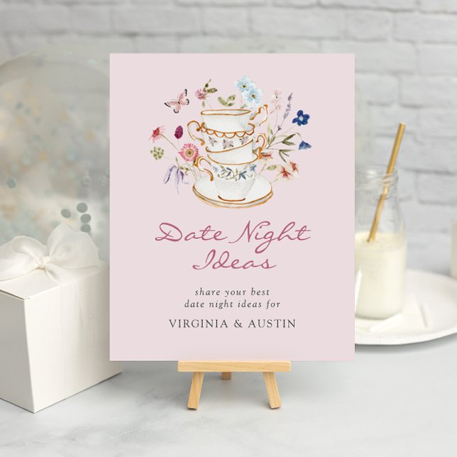 Poster des idées de la nuit (Floral Pink Tea Party Date Night Ideas Poster with Butterfly by Painted Paperie
)