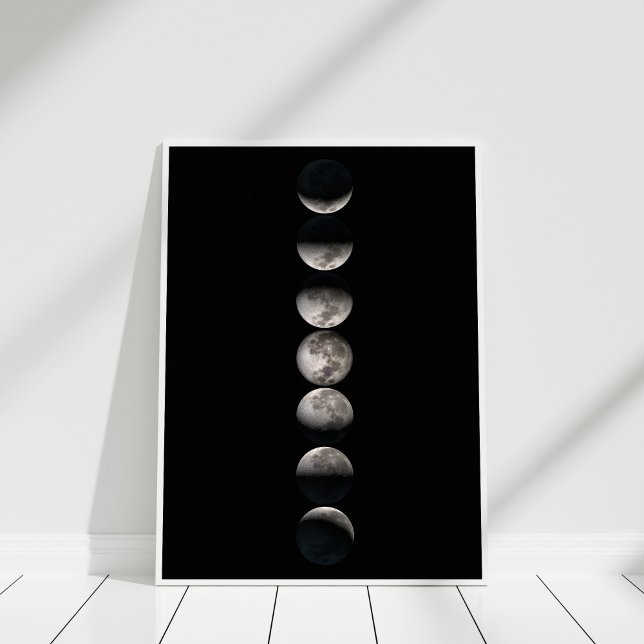 Poster des Phases de la lune (Black and White Moon Phases Poster in white frame.)