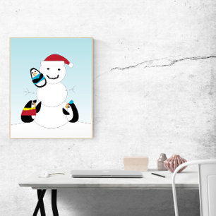 Poster Des pingouins construisent un bonhomme de neige en