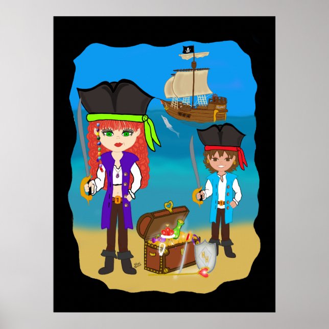 Poster des pirates avec navire sur la plage (Devant)
