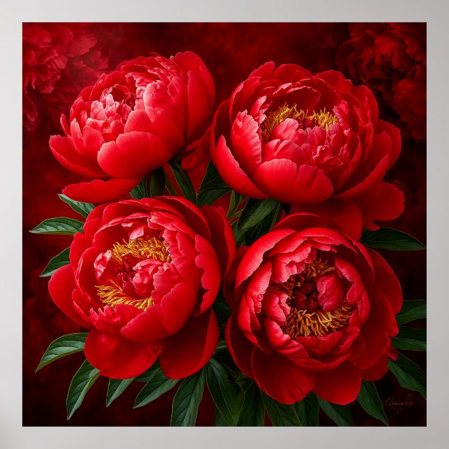 Poster Des pivoines rouges contre un riche Arrière - plan (Devant)