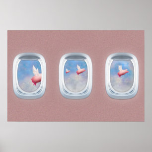 Poster Des porcs volent au-delà des fenêtres de l'avion