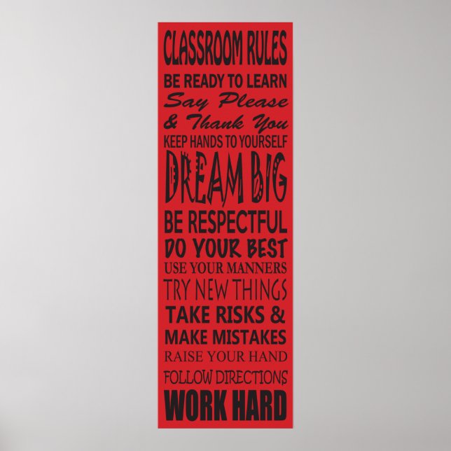 Poster des règles de classe (rouge), 12" x 36" (Devant)