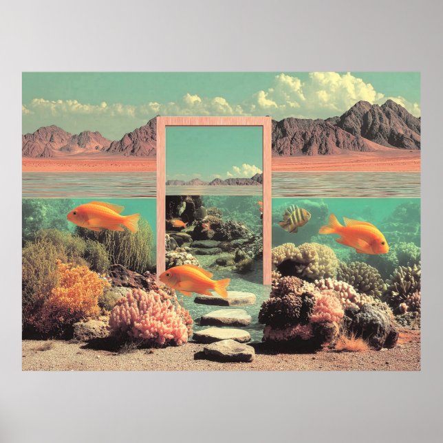 Poster Désert Océan Surréaliste avec Porte (Devant)