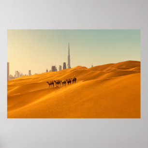 Poster Deserts   Dubai's Skyline View with Camels