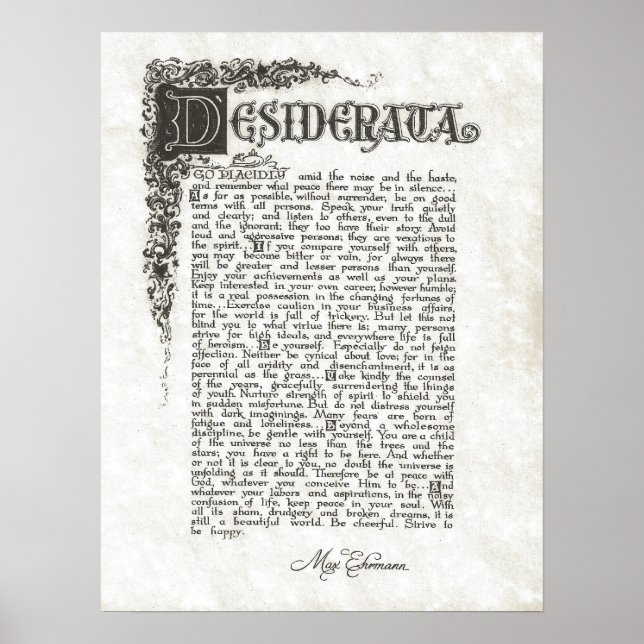 Poster DESIDERATA Poem=Max Ehrmann=Collection Parchment (Devant)