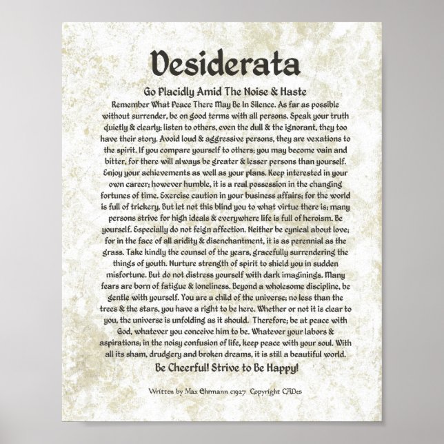 Poster DESIDERATA Poème Max Ehrmann Calligraphie médiéval (Devant)