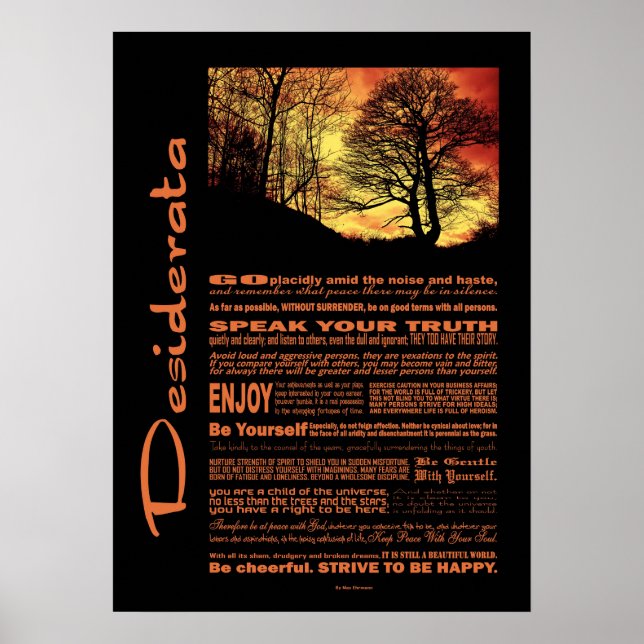 Poster Desiderata Poème Soirée Arbre du coucher du soleil (Devant)